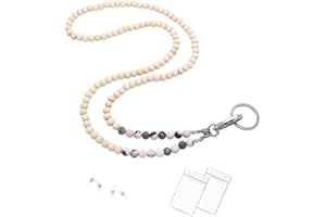 Lanyards for ID Badges, Beaded Wooden Natural Stone Lanyard for Keys Neck Lanyards for Women, Pink Zebra Jasper, 34 Inch