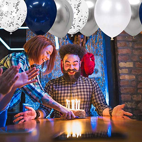 12 inch Navy Blue and Silver Confetti Balloons, White Pearl and Silver Metallic Party Balloons for Wedding or Birthday Decorations(60 pcs)