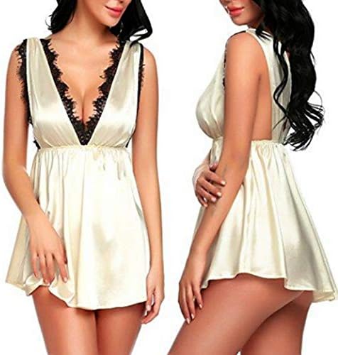 Women Sexy Lace Lingerie Satin Silk Soft Sleep Nightdress Nightwear Babydoll Sleepwear V-Neck Backless Lingerie Dress