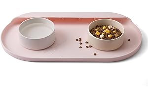Medario Dog Cat Food Mat, Easy Clean Dishwasher Safe Silicone Pet Food Mat, Waterproof Dog Bowl Mat with High Lip, Durable Anti-Slip Dog Mat with Pocket for Collecting Food and Water(Petal Pink)