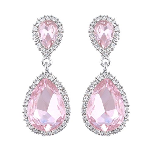 EVER FAITH Women's Austrian Crystal Wedding Tear Drop Dangle Earrings Pink Silver-Tone