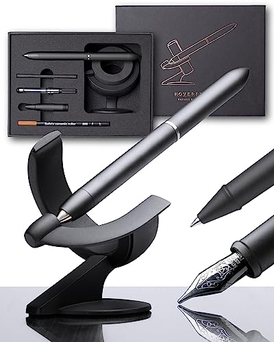 novium Hoverpen Future - Luxury Fountain Pen & Rollerball Pen All-In Gift Box, Schmidt Nib (Fine), Converter, Extra Refill, Aerospace Metal, Best Pen Gift Set for Men & Women (Deep Black)