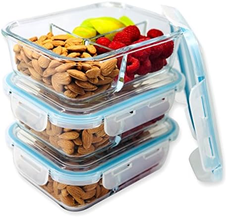 [Premium Quality] Glass Meal Prep 3 Compartment Storage Container Set- [3-Pack] BPA-FREE, Microwave, Oven, Freezer Safe, Air Tight, Leak Proof, Snap Locking Lids, (35 Oz) by KSong Kitchen Supply