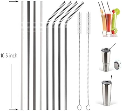 Efaithtek Stainless Steel long 10.5“ Drinking Straws for 30 oz Yeti &amp; RTIC Tumblers Rambler and more, Set of 8 with 2 Cleaning Brushes