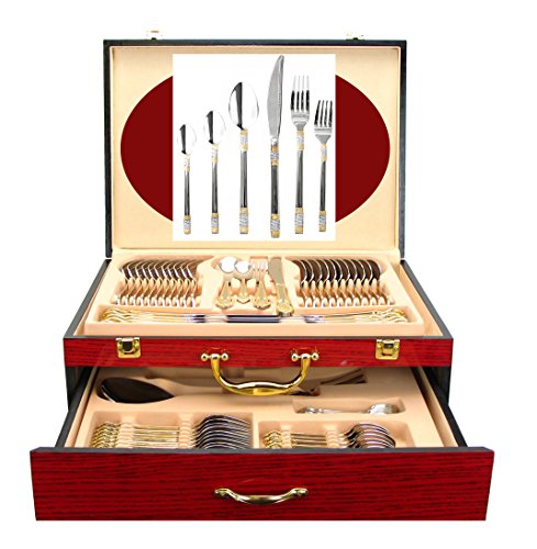 75-Piece Luxury Flatware Set Silverware Dining Service for 12, 24K Gold-Plated Premium 18/10 Stainless Steel, Flatware Storage Box Chest Case for Spoons Forks Knives w/Hostess Serving Set (Luxor)