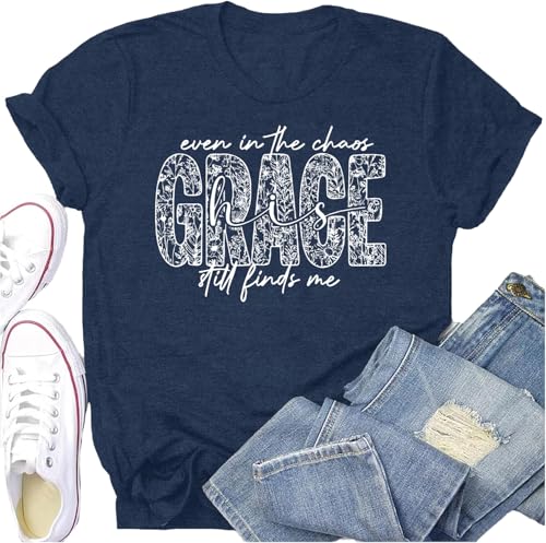 Potia Christian Shirts for Women Jesus Faith Grace Print T-Shirt Black at Amazon