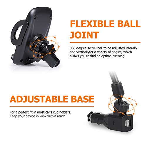 3-in-1 Car Mount, Amoner Cigarette Lighter Cell Phone Holder with Dual Port USB Charger, Adjust Gooseneck and 360° Rotation Compatible iPhone 11 X 8, Galaxy S9 S8, Mate20 P30, GPS and More