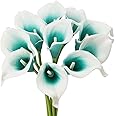Mini Artificial Calla Lily 10 Stem Bridal Bouquets Artificial Latex Real Touch Flowers for Home Party Decor (Teal Blue White)