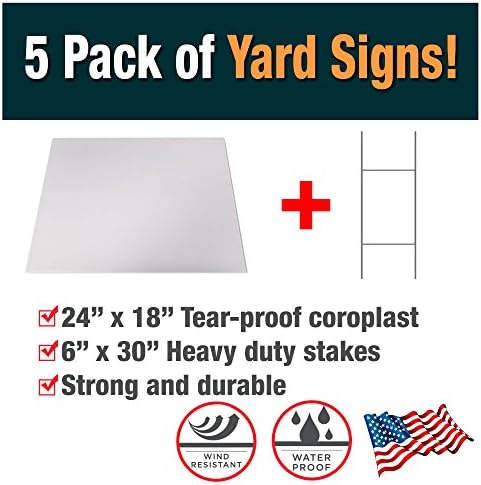 5 Pack of Blank Yard Signs - Made with Tear-Proof 18x24 Inch Coroplast - Heavy Duty H-Stakes Included - Great for Promoting Your Business, Open House, for Rent, Garage Sale, Elections, and Birthdays!