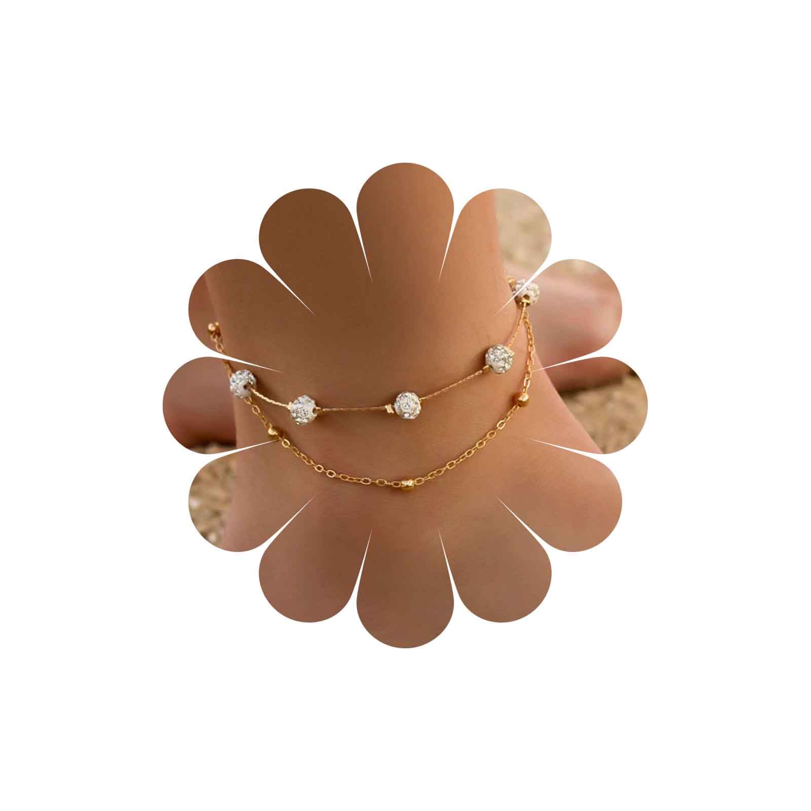 Inateannal Boho Layered Crystal Anklet Gold Satellite Chain Ankle Bracelet Multi-layer Foot Chain Jewellery for Women and Girls