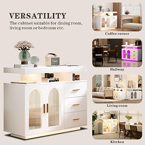Dystler Sideboard Buffet Cabinet with Storage, 3 Drawers & 2 Doors, Auto-Sensor 20 Color Lights Console Table with Charging Station,Touch Control Console Coffee Bar Table for Kitchen, Dinning (White)