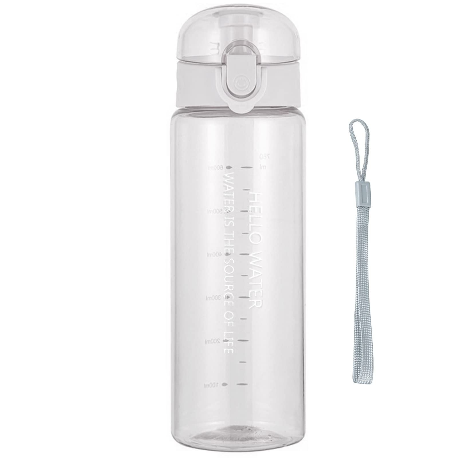 Lizbin Water Bottle Sports Water Bottle, Reusable Clear Water Bottle, Plastic Water Bottles with Carrying Strap, Leak-Proof Flip Top Drink Bottles for Travel Gym (26oz, White)