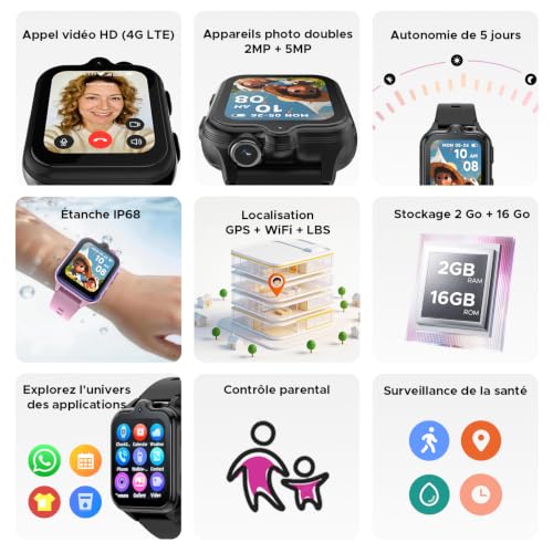 DOOGEEEco Anyscene S3 Children's GPS Smart Watch, 1.72 Inch HD Screen, 4G LTE Video Calls, IP68 Waterproof, 16 GB Memory, 900 mAh Battery, Pedometer Alarm Clock Games Birthday Gift, Black