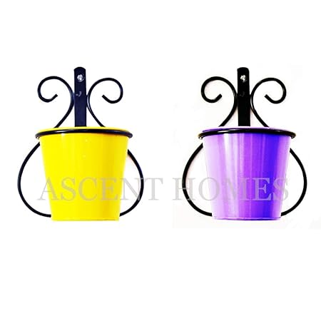 Ascent homes Wall Mount Metal Planter Stand with Round Galvanized Bucket (Set of 2 Pieces)