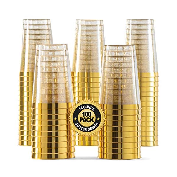 100 Gold Plastic Cups 14 Oz Gold Glitter with a Gold Rim Premium