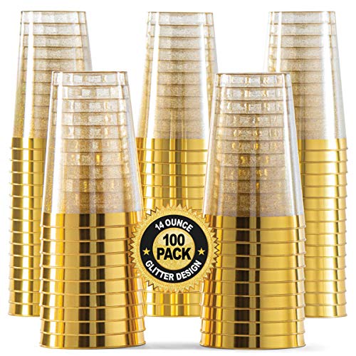 100 Gold Plastic Cups 14 Oz Gold Glitter with a Gold Rim Premium