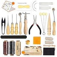 Leather Sewing Tools SIMPZIA 25 Pieces Leather Tools Craft DIY Hand Stitching Kit with Groover Awl Waxed Thimble Thread for Sewing Leather, Canvas,Basic Tools for Beginner