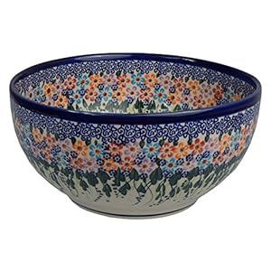 Traditional Polish Pottery, Handcrafted Ceramic Salad or Fruit Bowl 2.8l (d.24cm), Boleslawiec Style Pattern, M.705.Daisy