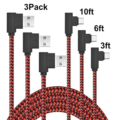 BLUELEC Right Angle Type C Cable 10ft 6ft 3ft 3Pack 90 Degree USB C Cable Braided Charge Data Cord compatible Samsung Galaxy S8/S9 Plus,Moto Z Z2,Nexus 6P/5X,OnePlus 3T/Google Pixel (3/6/9 Red &Black)