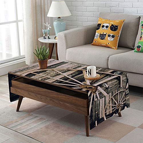 Linen Blend Tablecloth,Side pocket design,Rectangular Coffee Table Pad,Barn Wood Wagon Wheel,Wooden Barn Door and Vintage Rusty Wheel Rustic Home Farm Decorative,Black Light Brown,for Home Decor
