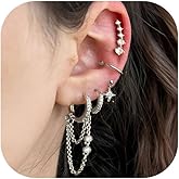 6 Pairs Gold Chain Earrings for Women, 14K Gold Plated Hoop Earrings Stack, Hypoallergenic Earring Sets for Multiple Piercing, Ear Cuffs Stud Huggie Hoop Dangle Chain Earring Pack for Women