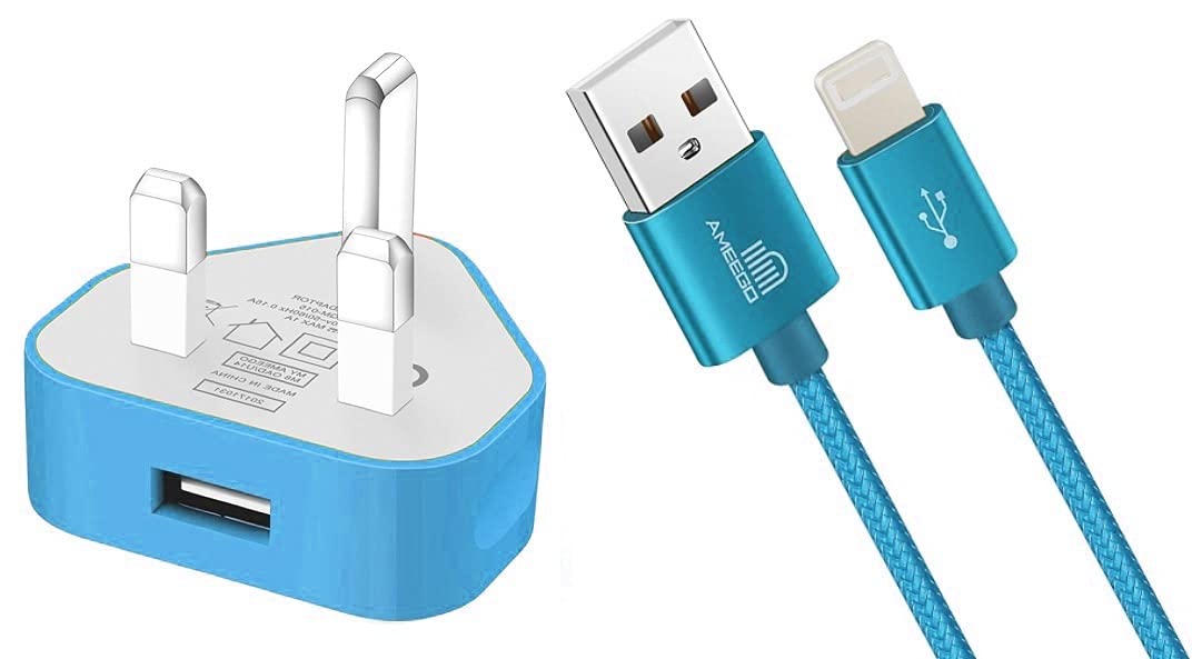 AMO USB Charger Plug UK, USB Plug Adapter Data Cable 2 Metre Compatible For iOSiPhones 5 5S 5C SE 7 8 X XS XR 11 12 13 14 iOSiPad iOSiPod Air Pods (Blue 1Amp)