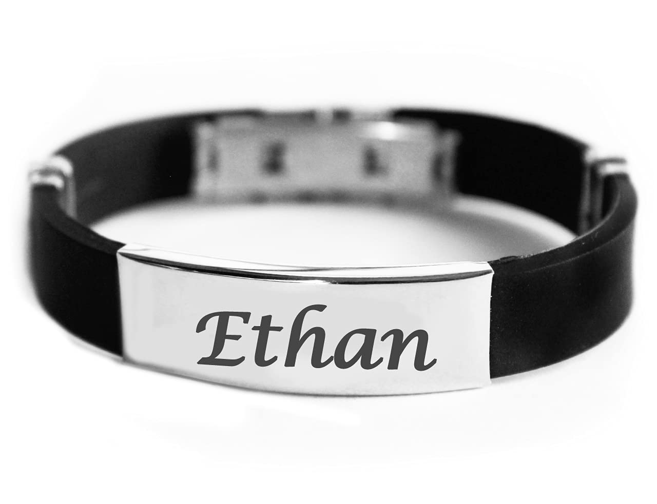 Kigu Name Bracelet ETHAN - Personalised Mens Silicone & Silver Tone Flat Engraved Bracelet - Gift For Men - Birthday, Christmas