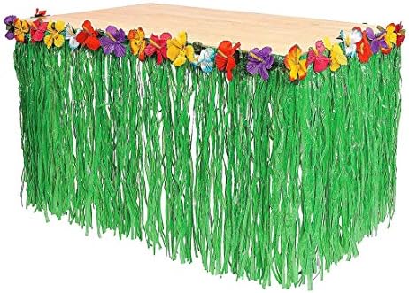 ZJCilected Hawaiian Table Skirt Luau Green String Hibiscus Flower Table Hula Grass Skirt Tropical Party Decor