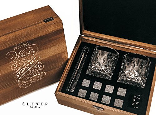 Whiskey Glasses and Stones Gift Set - Luxury Drink Kit with Premium Basalt Chilling Rocks (8 cubes), Glasses of 2, Tongs, Velvet bag in Exclusive Wood Decor Box - for wine, bourbon, scotch - by ÉLEVER