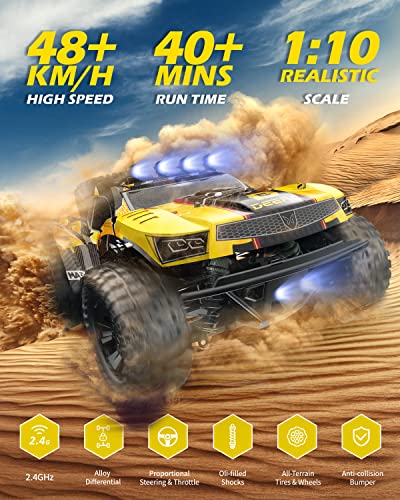 DEERC 9201E 1:10 Large Remote Control Truck with Lights, Fast Short Course RC Car, 48 km/h 4x4 Off-Road Hobby Grade Toy Monster Crawler Electric Vehicle with 2 Rechargeable Batteries for Adult Kid