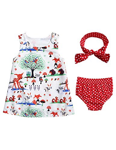 Toddler Baby Girl Summer Sundress Cute Cartoon Dress Dot Briefs and Headband Set
