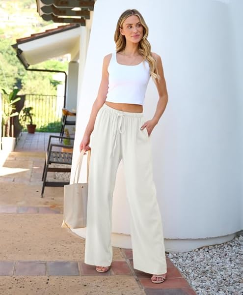 PURPEARL LINEN PANTS WOMEN SUMMER PALAZZO PANTS FLOWY WIDE LEG BEACH TROUSERS WITH POCKETS WHITE
