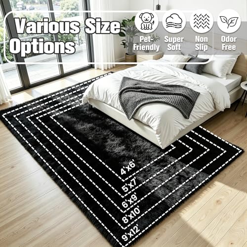 8x10 Area Rug for Living Room, Ultra Soft Fluffy Black Rugs for Bedroom, Non Slip Large Shag Carpet, Fuzzy Plush Nursery Rug, Thick Washable Indoor Floor Carpets for Kids Office Dorm Home Decor