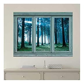 Vintage Teal Window Looking Out Into a Blue Foggy Forest - Wall Mural, Removable Sticker, Home Decor - 36x48 inches