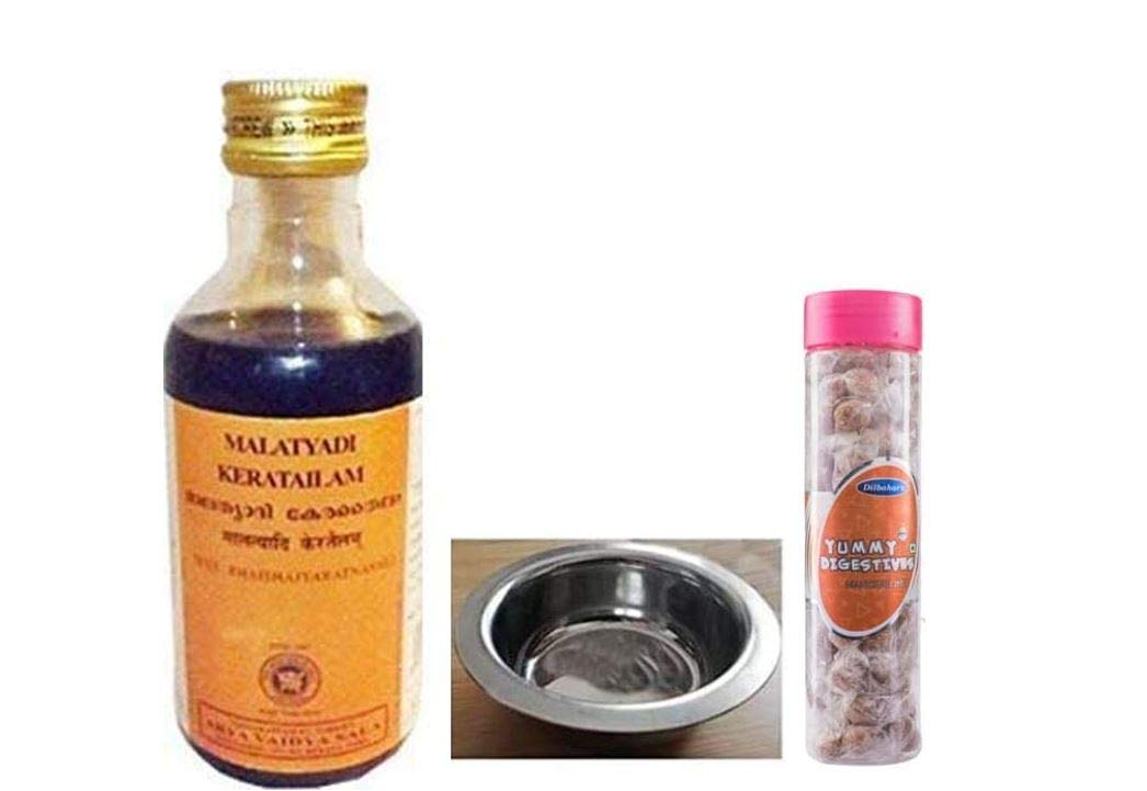 Kotakalaarya VadyaSaala Tailam Oil - 200ML x 5 bottles, With Free Dilbahars Yummy Digestives Manchali Imli 900gm & Nimita Brand Stainless Steel Oil Bowl (Width:8cm; Height: 3cm)
