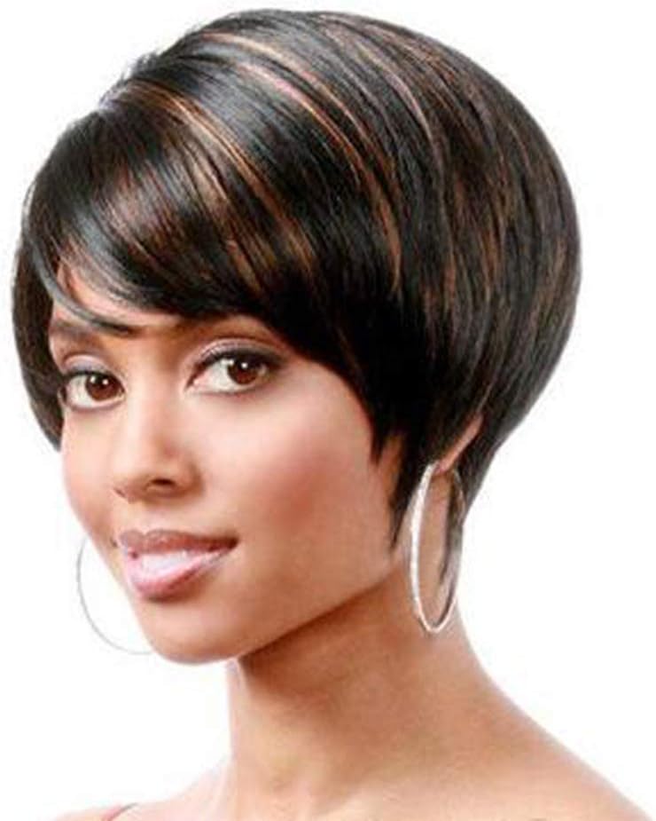 Short Straight Black with Brown Highlights Full Bob Wig Human Hair Pixie Cut Wig with Bangs for Black Women Natural Daily Hair