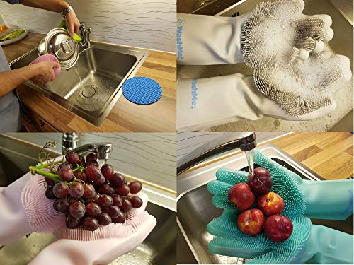  WashMe Magic Silicone Gloves with Wash Scrubber, 1 Pair of Cleaning Gloves for Dishwashing, Pet Bathing, Bathroom and Car Cleaning, Reusable and Heat Resistant Gloves (13.8 inches, XL) (Grey)  - Thumbnail 4