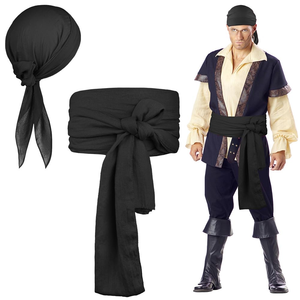 Alaoo 2 Pcs Pirate Costume Accessories Sets, Pirate Captain Accessories with Bandana Sash Belt, Medieval Renaissance Corsair Costume for Halloween Corsair Party, Black โ image 1
