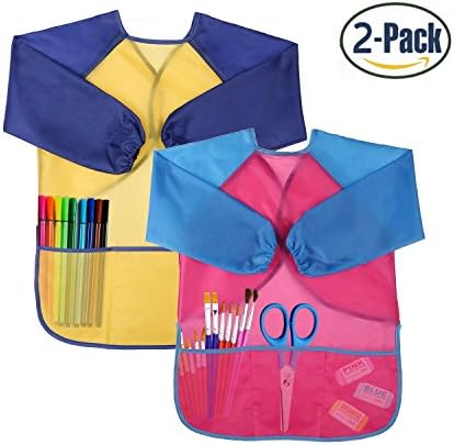 ABCDOK Kids Art Smocks 2 Pack, Children Waterproof Artist Painting Aprons Long Sleeve with 3 Pockets for Age 2-7 Years