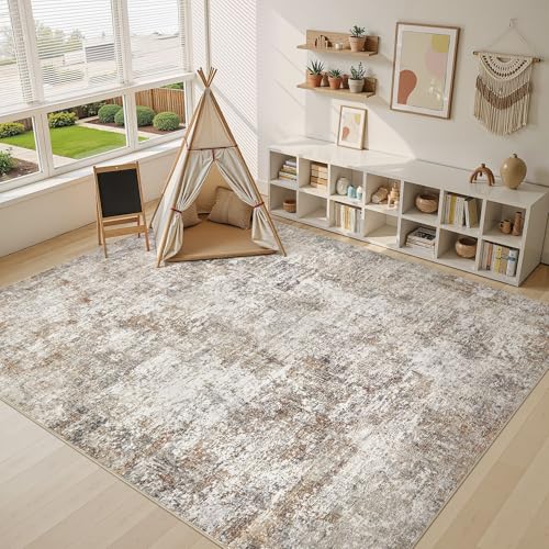 9x12 Area Rugs for Living Room: Washable Large Neutral Abstract Rug Soft Non Slip Stain Resistant Low Pile Indoor Carpet for Bedroom Dining Room Nursery Office Playroom - Brown Grey