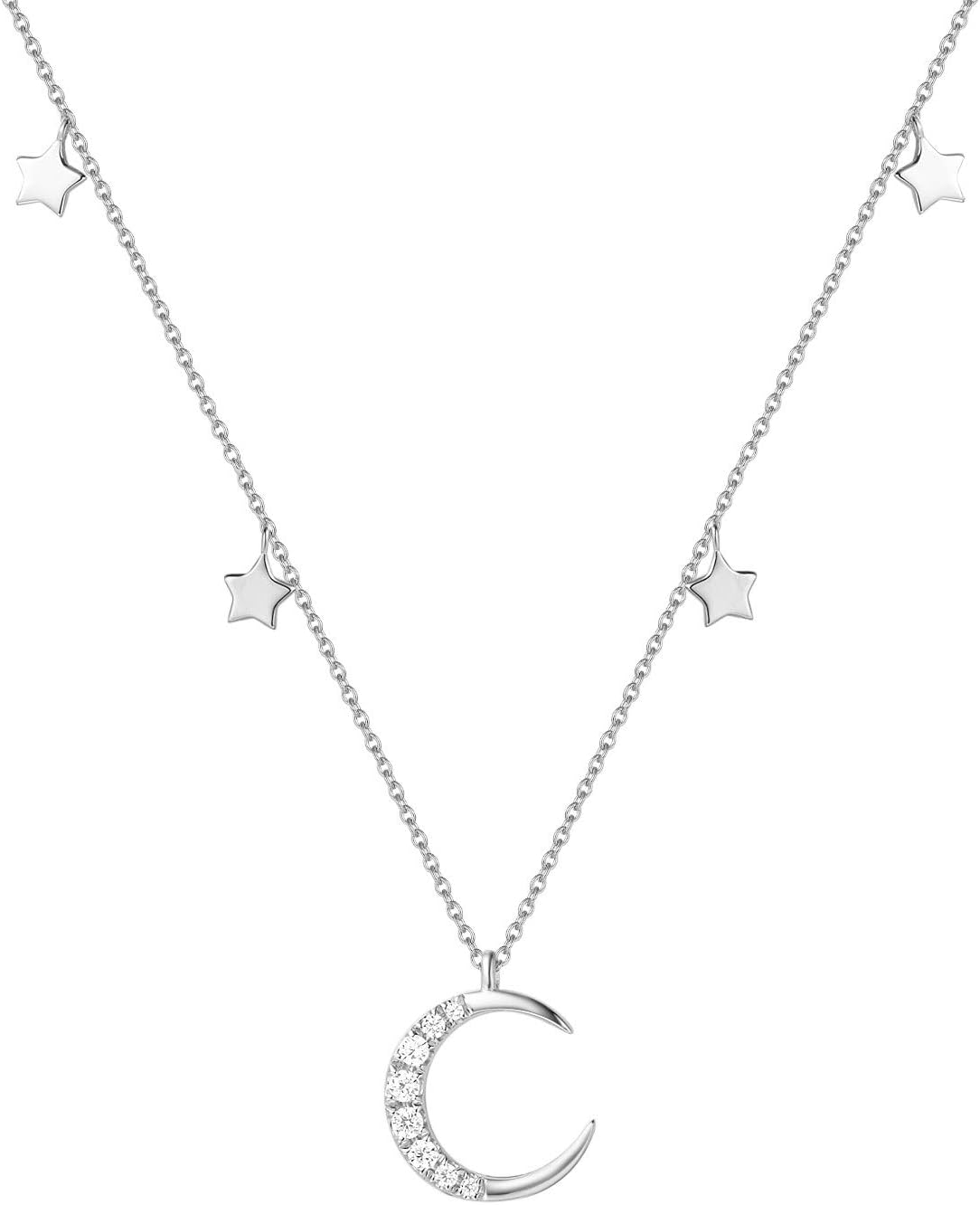 925 Sterling Silver with White/Yellow Gold Plated Moon & Star Choker Necklace Jewellery for Women Girls with Gift Box - Chain Length: 13+3 Inch