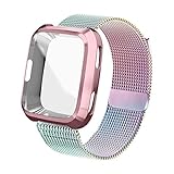 UHKZ Compatible Fitbit Versa Bands, Stainless Steel Mesh Milanese Sport Metal Wristband Loop Accessories for Women Men with Fitbit Versa Screen Protector Case Compatible Fitbit Versa Smartwatch
