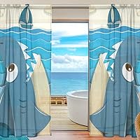 ANINILY Angry Shark Aiming Sailboat Semi Sheer Curtains Polyester Window Curtain for Yard, Patio, Villa, Parlor 55 x 84 Inch 2 Panels