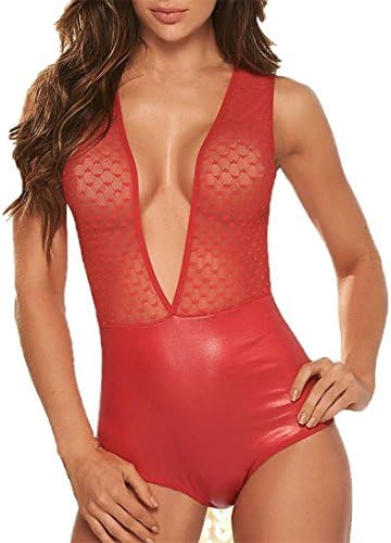 FairyDreamy Women Sexy Lingerie Sleepwear Patent Leather Bodysuit Pole Dancing Nightclub Clubwear One-Piece Swimwear Swimsuit (S, Red)