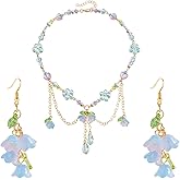 Dreuyet Y2K Lily of the Valley Earring Necklaces Set for Women Dainty Colorful Love Bead String Tassel Chain Necklace Sweet Valley Rose Flower Leaf Dangle Drop Earrings Bride Wedding Spring Summer Jewelry