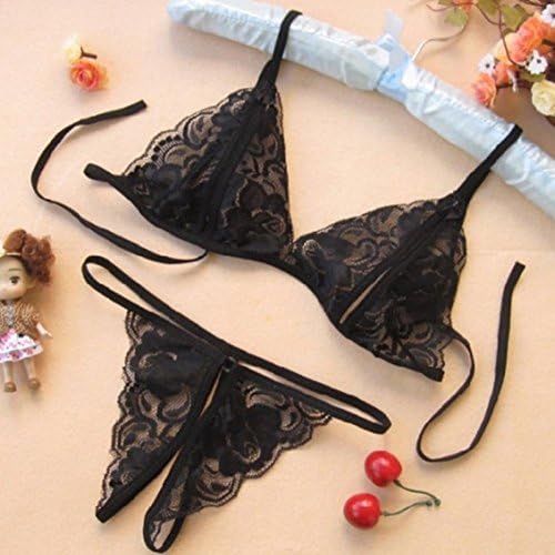 Womens Sexy Lace Lingerie Set Open Crotch Transparent G-String Lady Girl Sexy Lace Lingerie Bikini Bra Set Sex Products Fyns031W