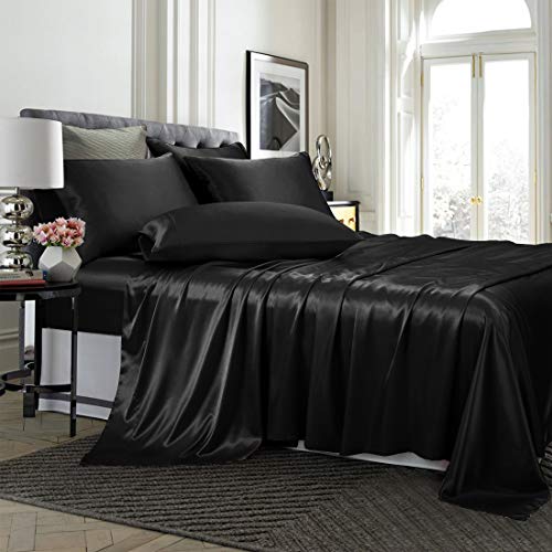 TREELY 6 Piece Satin Sheets Full Size Silky Smooth Black Satin Sheet