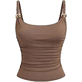 SHENHE Women's Ruched Tank Top Twist Strap Gold Metal Scoop Neck Fitted Summer Going Out Tops Camisole