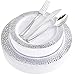 BUCLA 25 Guest Silver Plastic Plates with Disposable Plastic Silverware, Hammered Design Plastic Tableware include 25 Dinner Plates,25 Salad Plates,25 Forks, 25 Knives, 25 Spoons