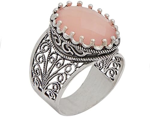 925 Sterling Silver Pink Agate Oval Filigree Ring (Size 6 - 11)